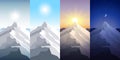 Nature mountain set. A midday sun, dawn, sunset, night in the mountains. Landscapes with peak. Mountaineering, traveling