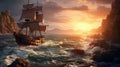 Blue boat illustration sunset sea sail nature sailboat pirate ocean sky ship water