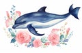 Nature ocean sea watercolor blue animal whale