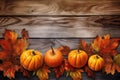 wooden background season old autumn leaf pumpkin wood orange halloween fall. Generative AI. Royalty Free Stock Photo