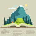 Nature in opened book. camping graphics, outdoor traveling illustration