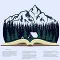 Nature in opened book. camping graphics, outdoor traveling illustration
