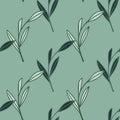 Nature organic seamless pattern with outline leaves print. Blue background. Scrapbook floral ornament Royalty Free Stock Photo