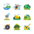 Nature, outdoor and forest activites. Vector flat icons set