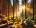 nature and outdoors with a camping tent in the beautiful forest at sunrise Royalty Free Stock Photo