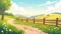 Nature panorama of rural area. Farm pasture, farmland, grassland behind fence. Spring and summer background of ranch Royalty Free Stock Photo