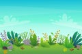 Nature park background. green grass on the lawn field, bushes plants and flowers, trees landscape. comic book style vector scenery