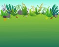 Nature park background. green grass on the lawn field, bushes plants and flowers, trees landscape. comic book style vector scenery