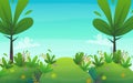 Nature park background. green grass on the lawn field, bushes plants and flowers, trees landscape. comic book style vector scenery