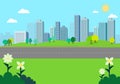 Nature park landscape with city background.Natural scene with Pathway.Road with building and sky background Royalty Free Stock Photo