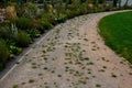 Nature paths in the park made of fine rolled trowel. irregular stone paving is overgrown with individual tufts of grass. it gives Royalty Free Stock Photo