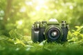 Nature photographer Green camera on grass with bokeh background