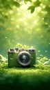 Nature photographer Green camera on grass with bokeh background