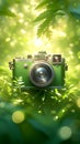 Nature photographer Green camera on grass with bokeh background