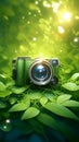 Nature photographer Green camera on grass with bokeh background