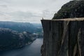 Nature photographer tourist standing on top of the mountain. Bea Royalty Free Stock Photo