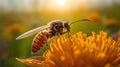 Honey Bee Collecting Nectar From Yellow Flower Showing Pollination, Macro Detail and Natural Spring Activity Royalty Free Stock Photo