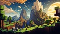 Nature pixel landscape video game user interface in Minecraft style, 8 bit background