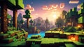Nature pixel landscape video game user interface in Minecraft style, 8 bit background
