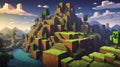 Nature pixel landscape video game user interface in Minecraft style, 8 bit background
