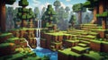 Nature pixel landscape video game user interface in Minecraft style, 8 bit background
