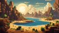 Nature pixel landscape video game user interface in Minecraft style, 8 bit background
