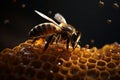 bee insect flying closeup gold pollen background macro yellow honey nature. Generative AI.