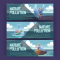 Nature pollution cartoon banners save wild animals