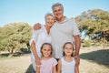 Nature, portrait and happy family, children and grandparents enjoy time together, outdoor wellness or park grass field Royalty Free Stock Photo