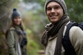 Nature portrait, happy man or couple on hiking journey, travel adventure or mountain climbing walk. Woods, love or face