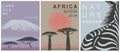 Nature poster set. African landscape, Mount Kilimanjaro, baobab, zebra. Abstract textured background. Picture for background,