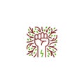 Nature power, energy concept, raised hand fist with root, twig, leaf. Vector icon logo template