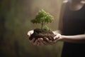 Nature protection concept. Woman hands holding growing tree in hands. Generative AI Royalty Free Stock Photo