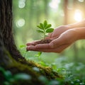 Nature protection Hand safeguards a tree, sunlight bathes green background Royalty Free Stock Photo