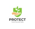 Nature protection logo template. Hand holds a sprout vector design Royalty Free Stock Photo