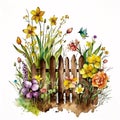 Nature\'s Canvas: Watercolor Rusty Garden Fence with Spring Blossoms AI Generated