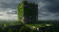 Nature reclaims an abandoned skyscraper under a dramatic sky Royalty Free Stock Photo