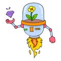 Nature robot is mining purple diamond, doodle icon image kawaii Royalty Free Stock Photo