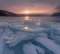 Nature Of Russia, Siberian Landscape: Frozen Blue Ice Of The Teletskoye Lake, Shot At Sunrise. Nature Of Siberia. One Of The Attra