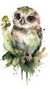 Nature\'s artful delights, watercolor paintings of owl with floral embellishments