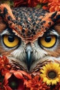 Nature's Artistry: Captivating Close-Up of an Owl Surrounded by Spring Flowers