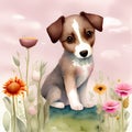 Nature\'s Best Friend - Watercolor Painting of a Puppy Enjoying a Garden of Flowers