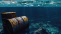 Nature's betrayal, toxic barrels desecrate the ocean floor, a tragedy unseen.