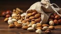 Nature\'s Bounty - A Burlap Bag Bursting with Nutty Delights. Almond nuts, hazelnuts, walnuts and sweet seeds. Generative AI