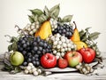 Nature's Bounty: Vibrant Mixed Fruit Collection. Black and white and colour illustration. AI generated.