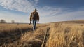 Nature\'s Challenge - Mature man hunter with gun while walking on field. Generative AI Royalty Free Stock Photo