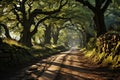 Nature\'s embrace, a pathway adorned with a serene tree-lined canopy