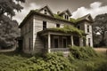Nature\'s Encroachment: Abandoned House Overgrown with Ivy, Broken Windows Allow Overcast Sky to Peer In Royalty Free Stock Photo