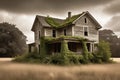 Nature\'s Encroachment: Abandoned House Overgrown with Ivy, Broken Windows Allow Overcast Sky to Peer In Royalty Free Stock Photo