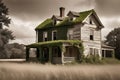 Nature\'s Encroachment: Abandoned House Overgrown with Ivy, Broken Windows Allow Overcast Sky to Peer In Royalty Free Stock Photo